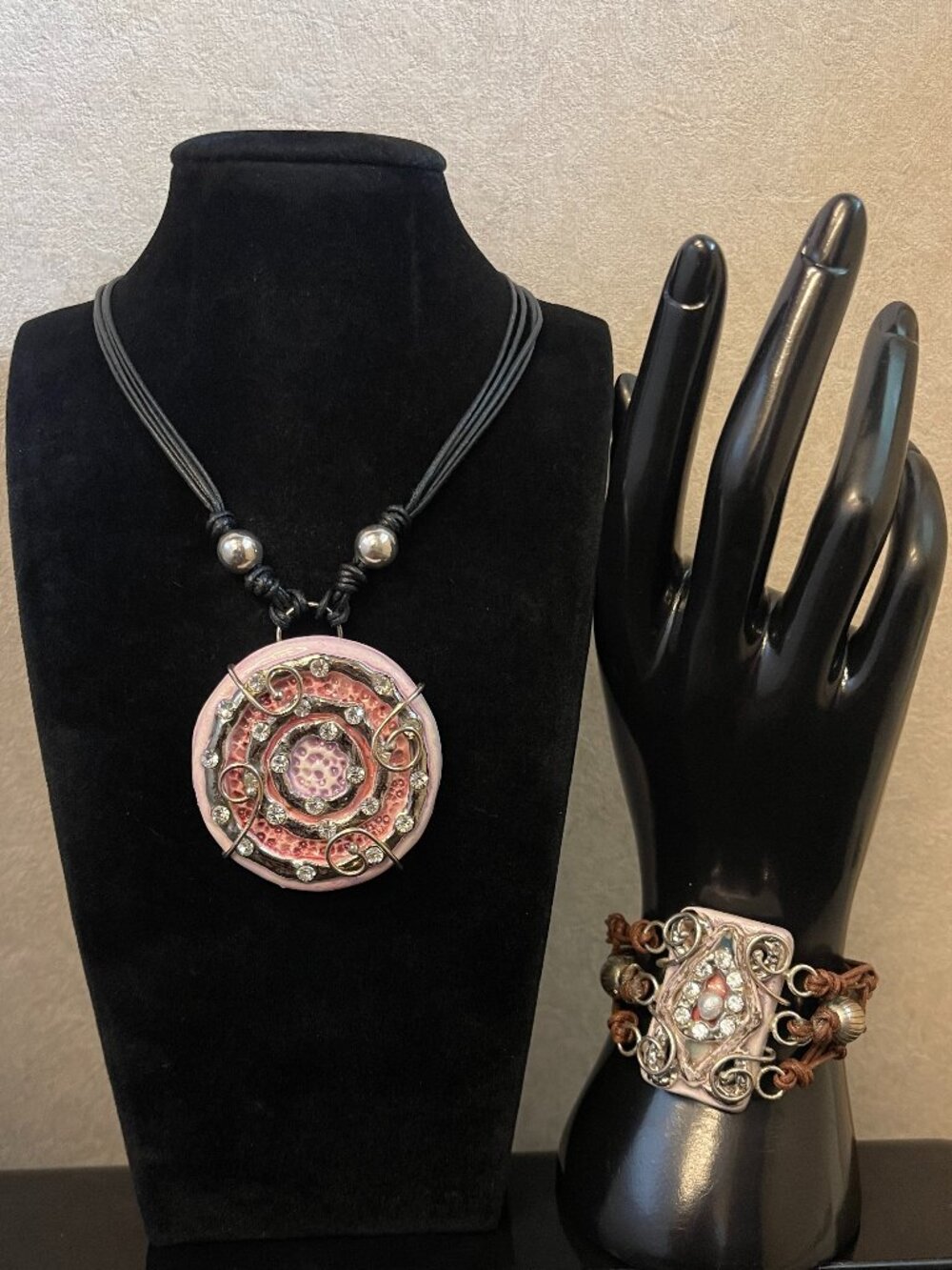 Vintage Red Time Argento Necklace Bracelet Set Boho Artisan Rhinestone Statement